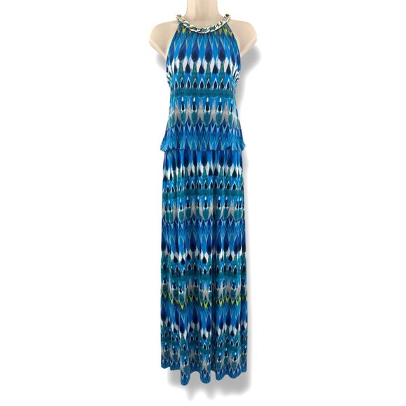 Dressbarn Blue Ikat Print Gold Chain Halter Neck Blouson Maxi Dress Sz 16 Summer - Picture 1 of 9